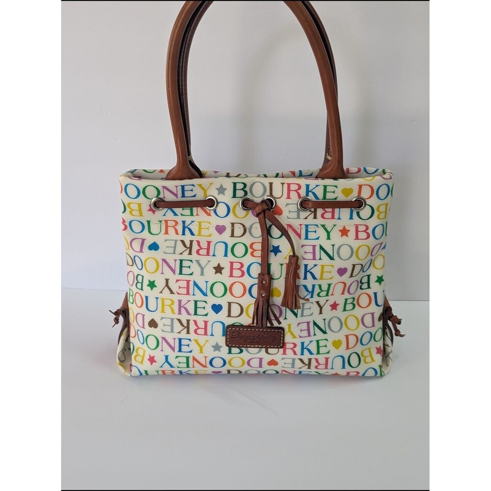 Dooney & Bourke Y2K Multicolor Logo Canvas Tote Bag White Leather Rainbow